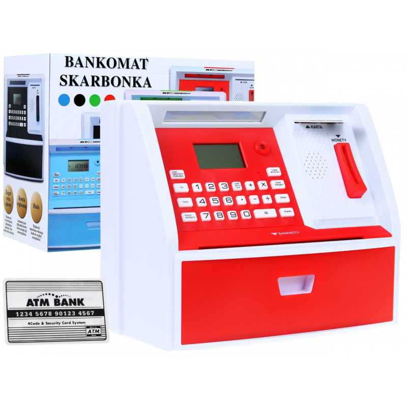 Bancomat cu card Pușculiță pentru copii 3+ roșu Funcții interactive + mod de economisire