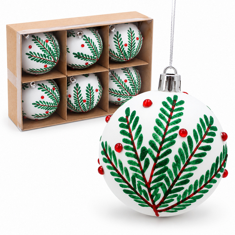 Aga Set de globuri de Crăciun 8 cm 6 buc alb cu motiv de crenguțe