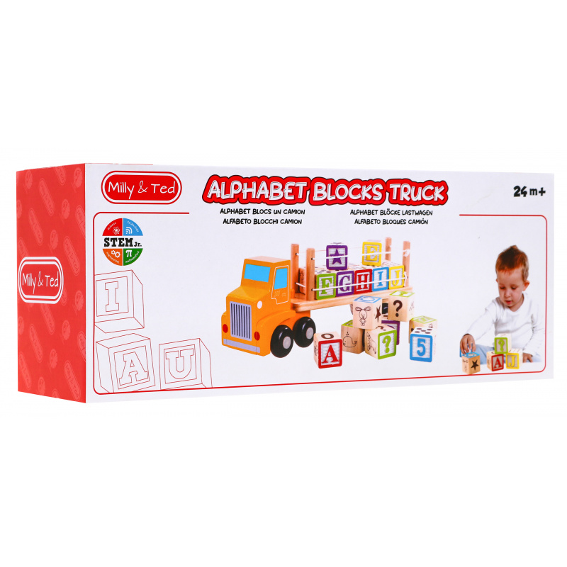 Camion de lemn cu remorcă și cuburi pentru copii 2+ Jucărie educativă + cuburi cu litere și cifre