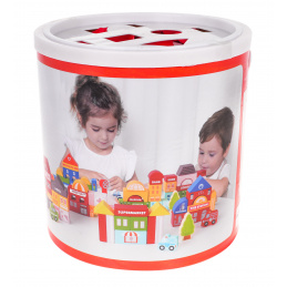 Blocuri de lemn Oraș pentru copii 3+ Puzzle Covor de podea + Sortator de forme + Blocuri 115 buc.