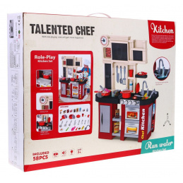 Bucătărie interactivă bordo pentru copii 3+ Arzătoare cu sunet și lumină + Robinet cu apă + Accesorii 58 buc.