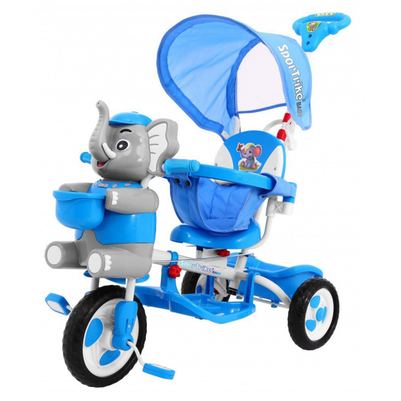 tricicletă pentru copii Elephant Blue + sunete + copertină + barieră + suport pentru picioare + mâner + schiuri + spațiu de depozitare