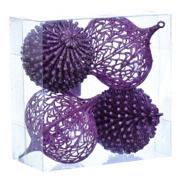 Set de patru globuri violet sclipitoare pentru bradul de Crăciun Set de patru globuri violet sclipitoare pentru bradul de Crăciun