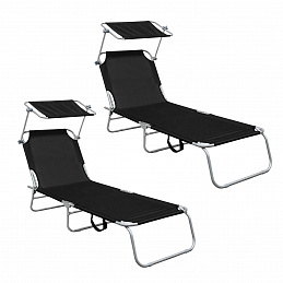 Aga 2x Șezlong de grădină reglabil cu copertină Negru
