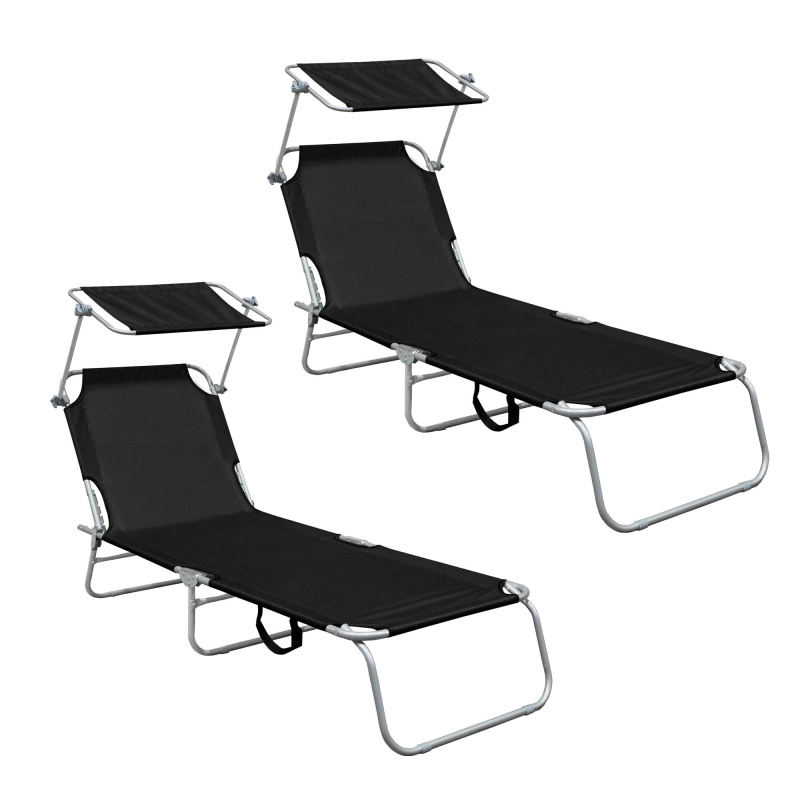 Aga 2x Șezlong de grădină reglabil cu copertină Negru