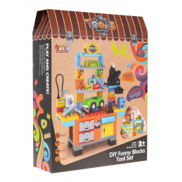 Cărămizi de construcție Atelier de meșterit pentru copii 3+ Unelte + Mașinuță + Pomparea roților + Accesorii 92 buc.