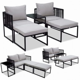 Set de grădină cu cadru din oțel: 2 fotolii, masă, 2 taburete și perne