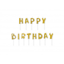 Lumânări de tort Happy Birthday aurii