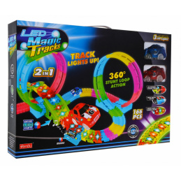 Circuit de curse strălucitor în întuneric pentru copii 3+ Buclă 360 + Înălțimi 166 el. + 2 mașinuțe LED