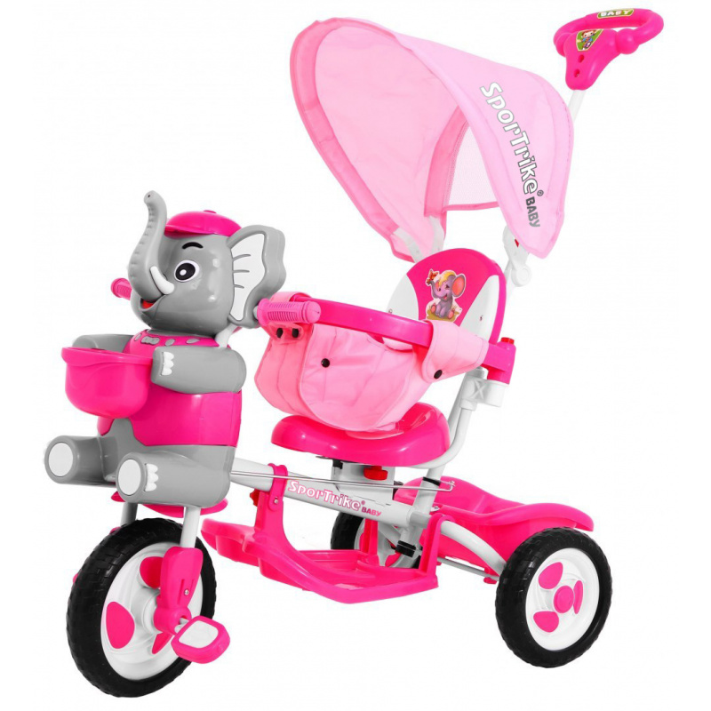tricicletă pentru copii Elephant Pink + sunete + copertină + barieră de siguranță + suport pentru picioare + mâner + schiuri + spațiu de depozitare