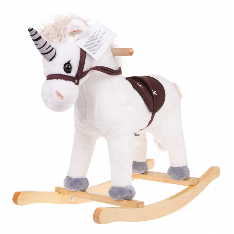 Cal de leagăn unicorn pentru copii 24m+ Alb + Sunete + Mâner din lemn + Scaun confortabil + Tălpi din lemn