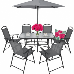 Set de mobilier de grădină - 6 scaune pliabile, masă, umbrelă