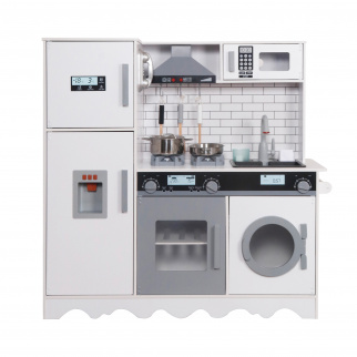 Aga4Kids Bucătărie din lemn pentru copii Hedwig XXL cu hotă, mașină de spălat și efecte realiste Alb-Gri