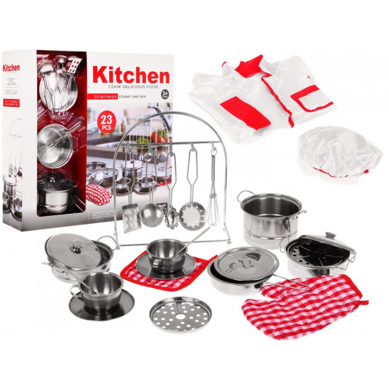 Set de gătit pentru copii 3+ Oale + Ustensile de bucătărie + Îmbrăcăminte de bucătar + Accesorii 23 buc.