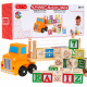 Camion de lemn cu remorcă și cuburi pentru copii 2+ Jucărie educativă + cuburi cu litere și cifre