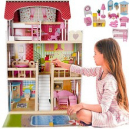 Căsuță de păpuși din lemn - vilă cu piscină D11251