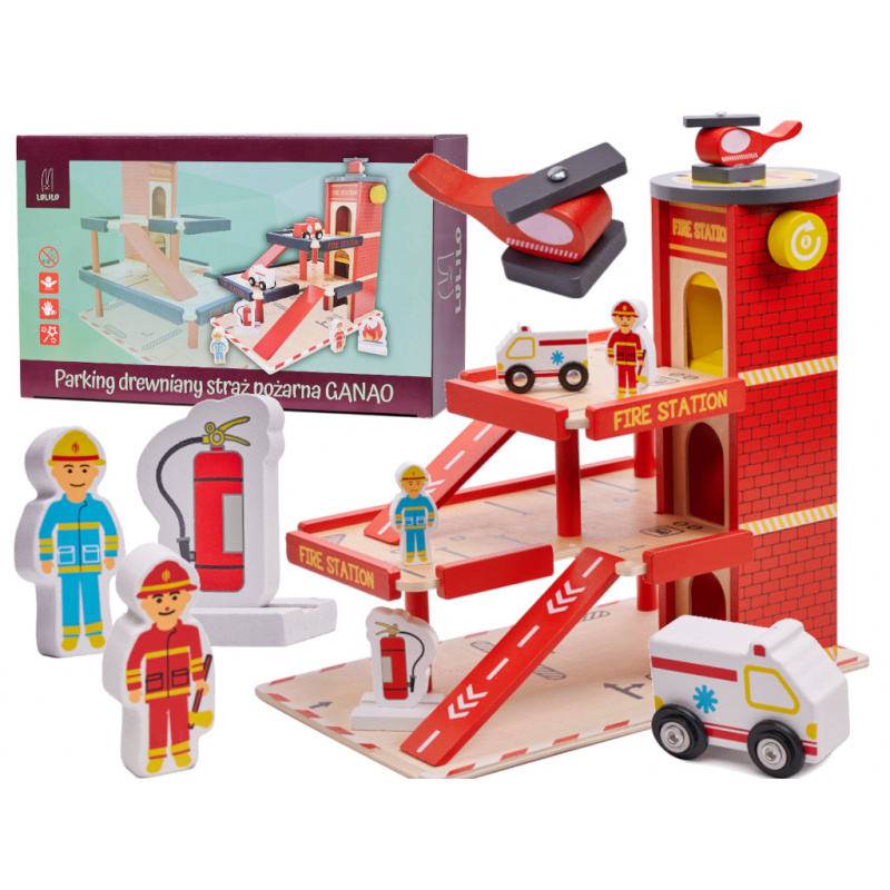 Aga Garaj din lemn pentru copii GANAO - Brigada de pompieri