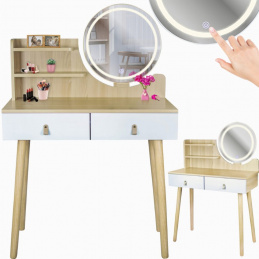 Măsuță de toaletă cosmetică cu oglindă LED - SCANDI fag deschis